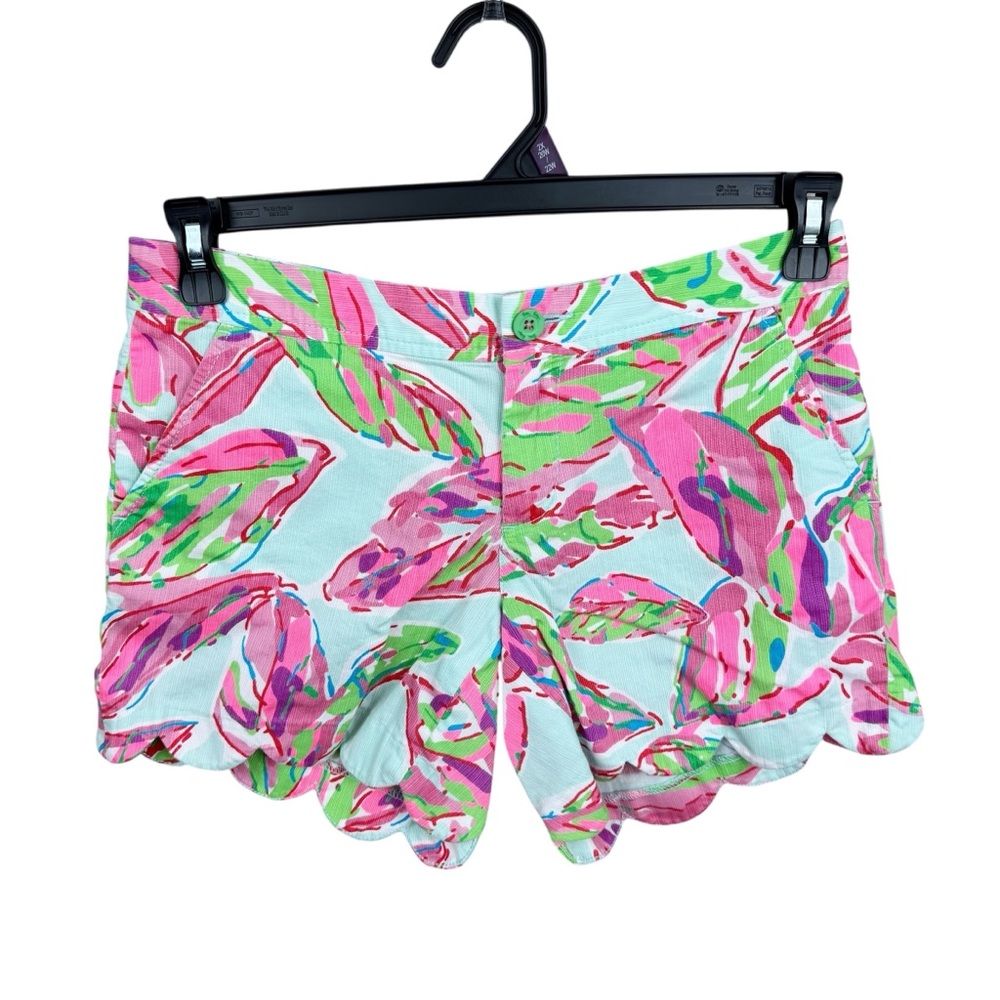 Lilly Pulitzer Pink Teal Green Leaf in the Vias The Buttercup Scallop Shorts